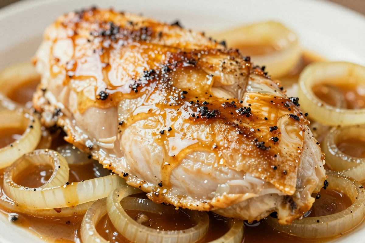 Petto di pollo cucinato con cipolle e sfumato al marsala in un piatto gustoso e profumato